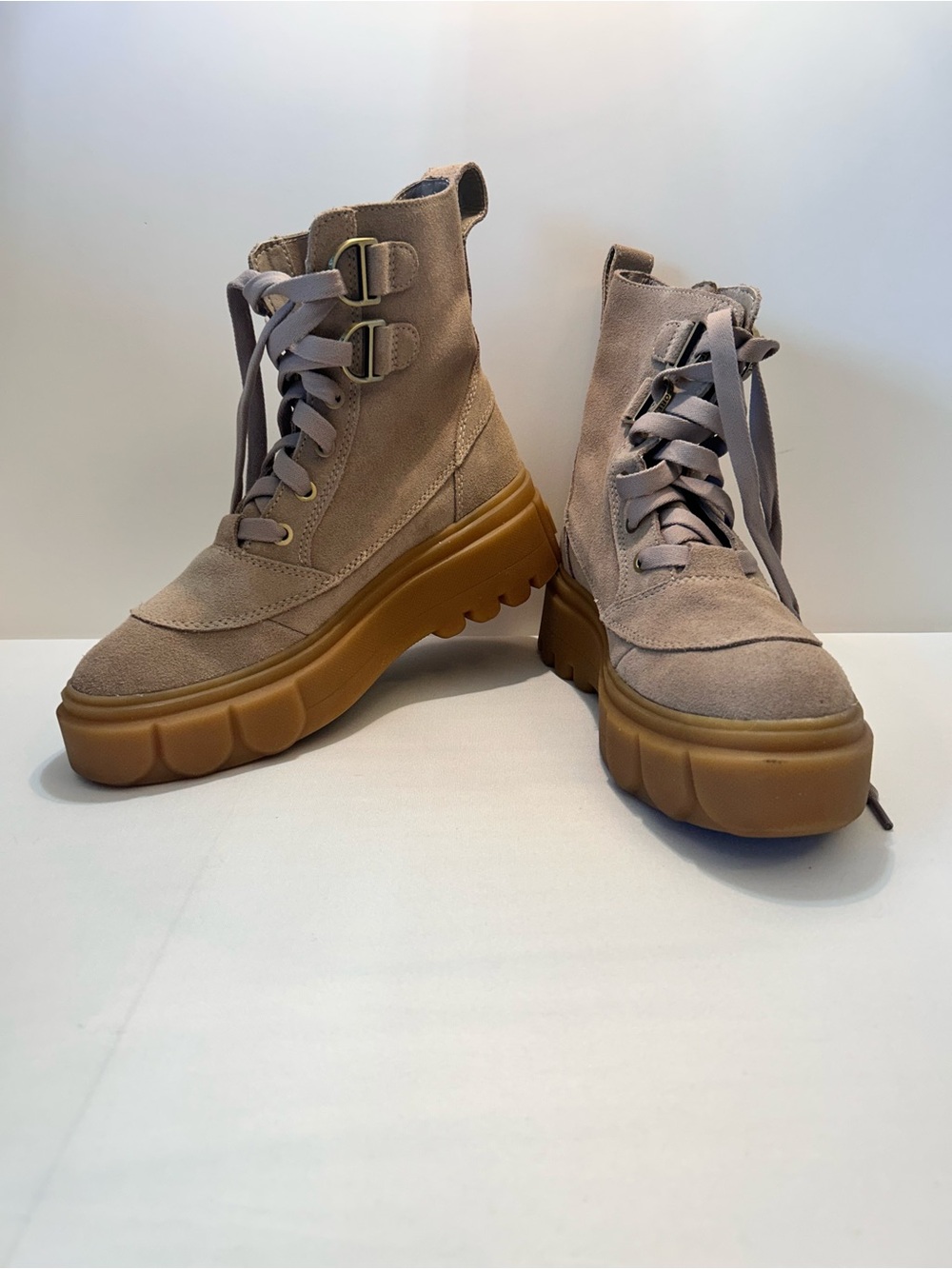 Sorel Taupe Suede Platform Lace-Up Boots with Gum Sole
